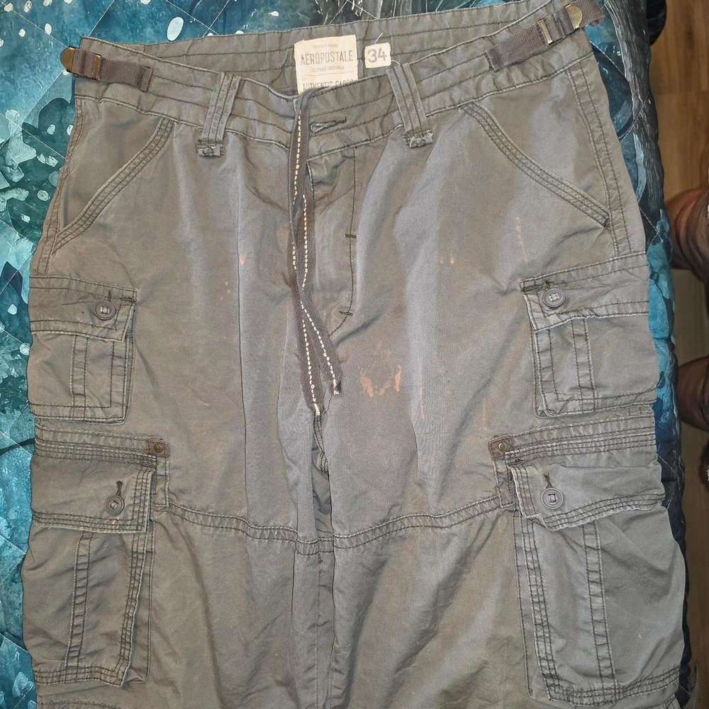 Aeropostale Mens Gray Green Authentic Cargo Shorts Size 34 Utility Distressed